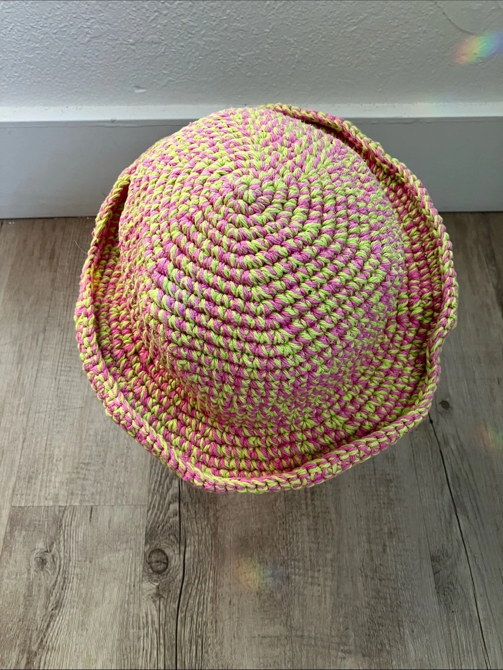 Handmade knit hat women's/kids. Pink and lime green